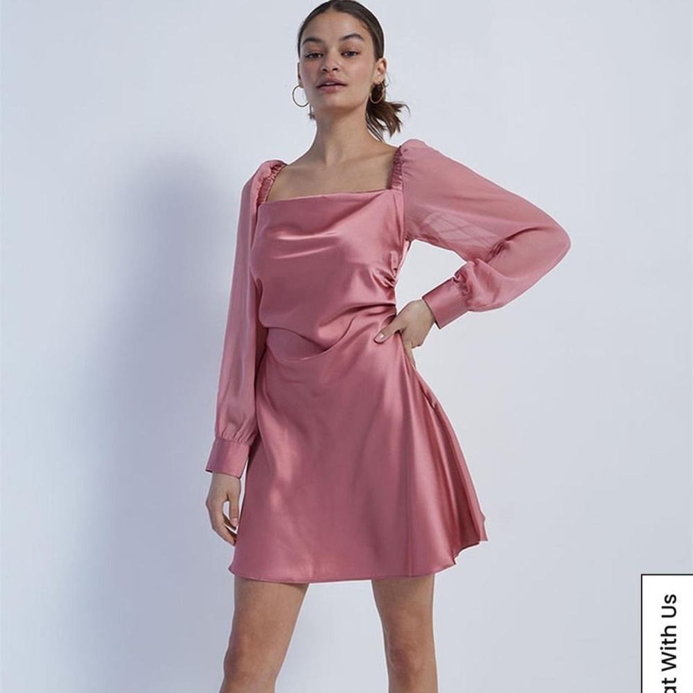 We Wore What NWT size 8 silky blush pink cowl neck shear long sleeve mini dress